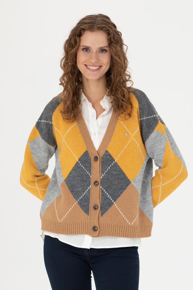 Kadın V Yaka Kum Melanj Triko Hırka - 50269496015