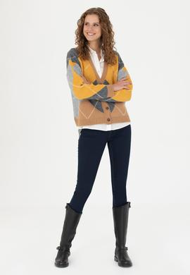 Kadın V Yaka Kum Melanj Triko Hırka - 50269496015