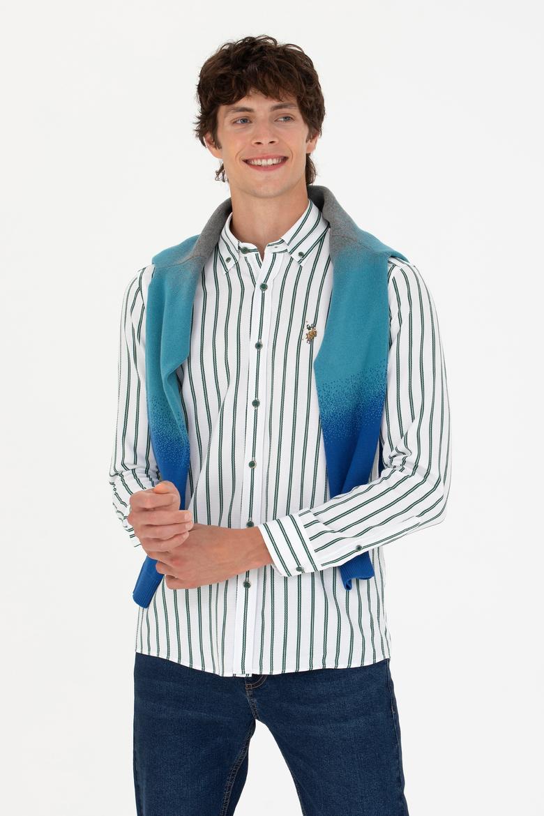 Erkek Yeşil Çizgili Beyaz Gömlek