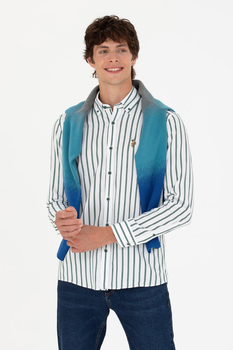 Erkek Yeşil Çizgili Beyaz Gömlek