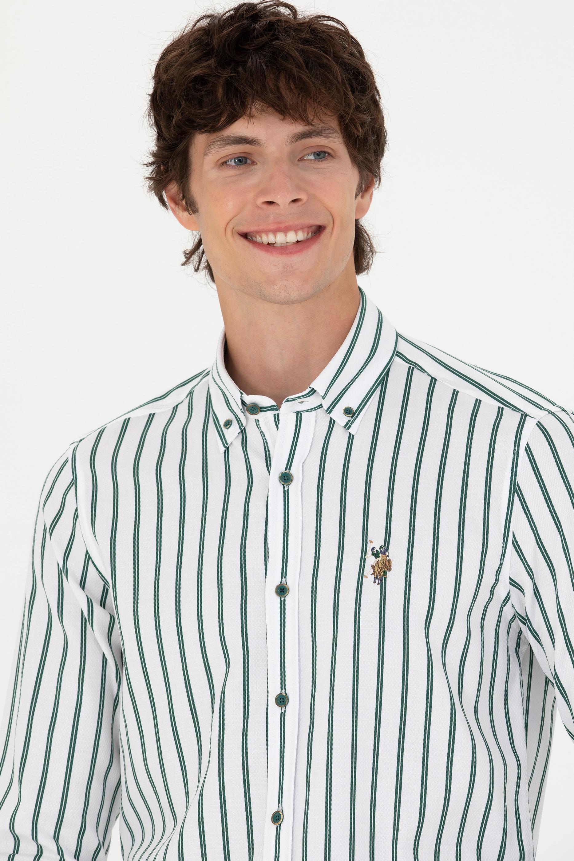 Erkek Yeşil Çizgili Beyaz Gömlek