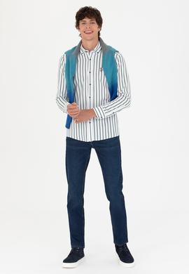 Erkek Yeşil Çizgili Beyaz Gömlek - 50277939014