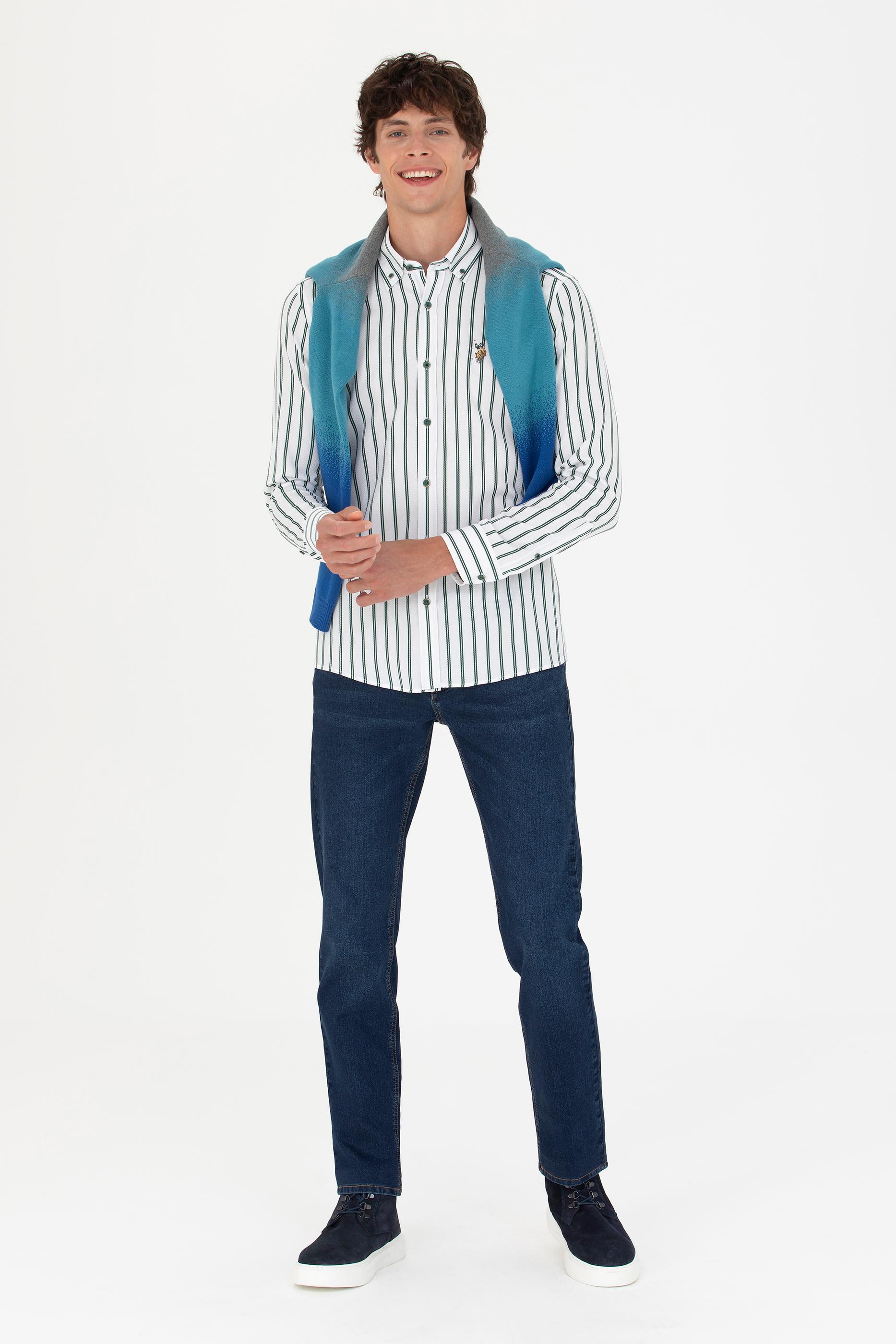 Erkek Yeşil Çizgili Beyaz Gömlek