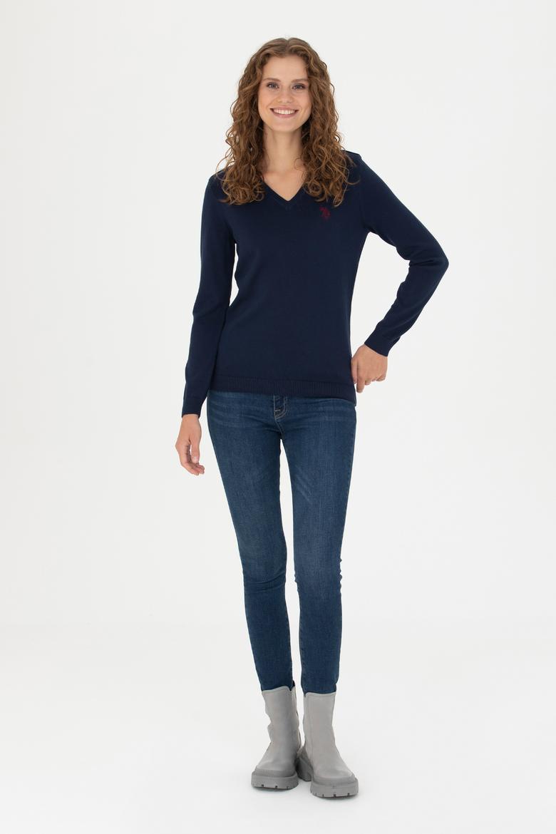 Kadın Lacivert V Yaka  Basic Kazak - 50276570004