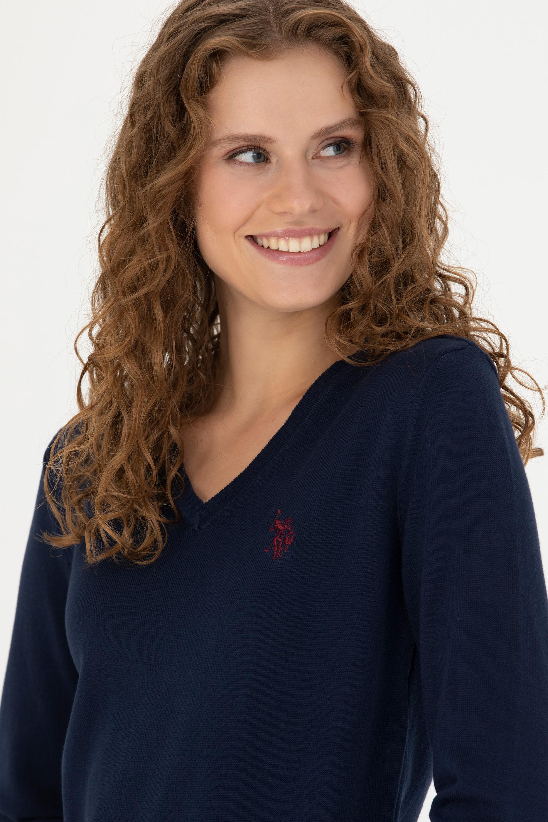 Kadın Lacivert V Yaka  Basic Kazak