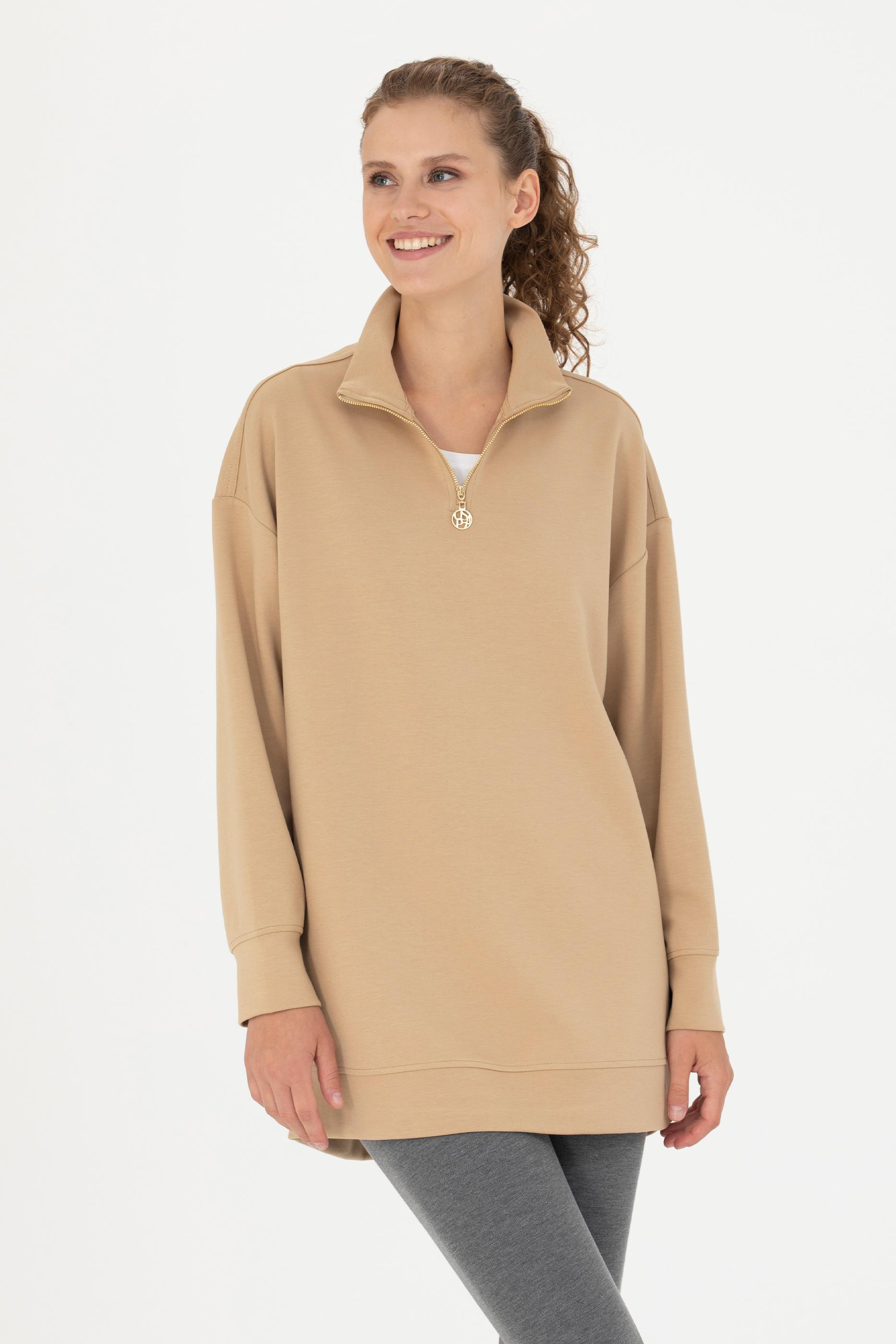 Kadın Kum Dik Yaka Sweatshirt