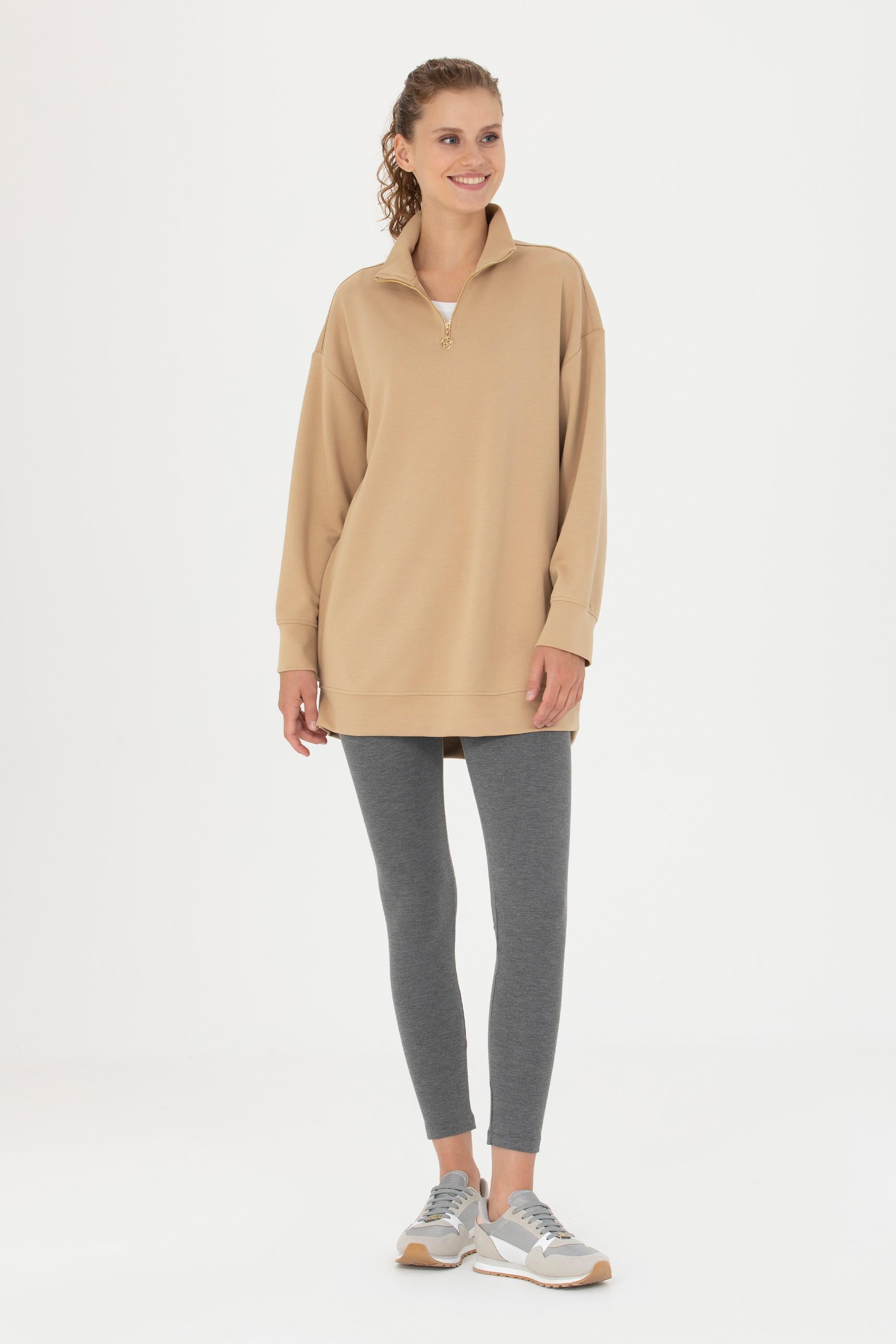 Kadın Kum Dik Yaka Sweatshirt