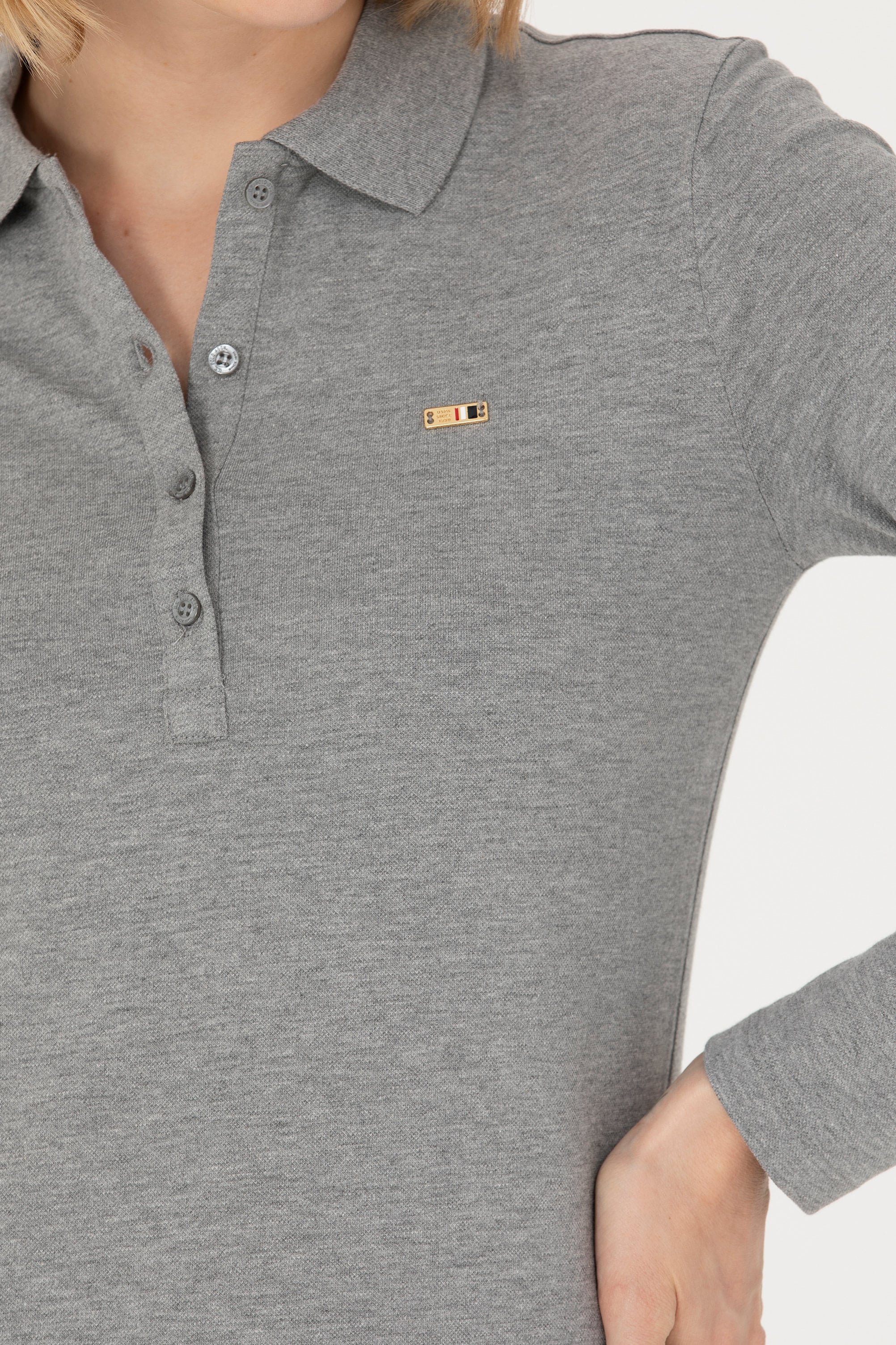 Kadın Gri Melanj Basic Polo Yaka Sweatshirt - Image 7