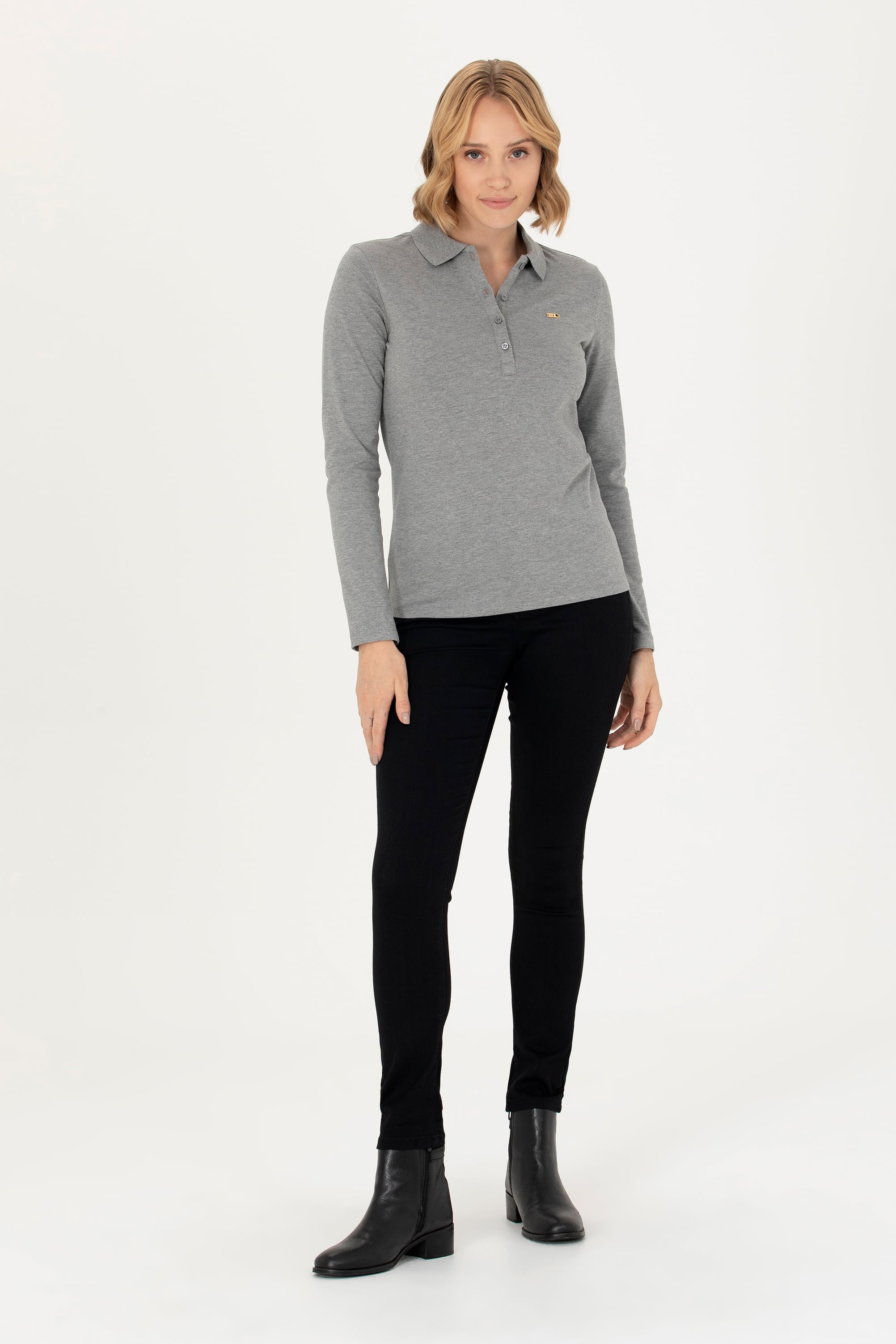 Kadın Gri Melanj Basic Polo Yaka Sweatshirt - Image 4