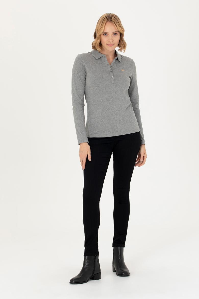Kadın Gri Melanj Basic Polo Yaka Sweatshirt - 50276160044