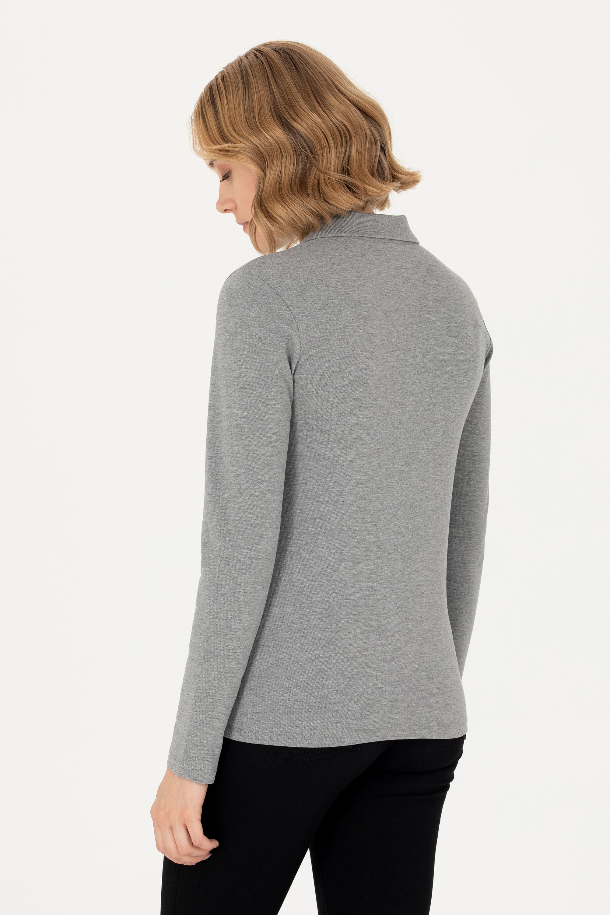 Kadın Gri Melanj Basic Polo Yaka Sweatshirt - Image 5