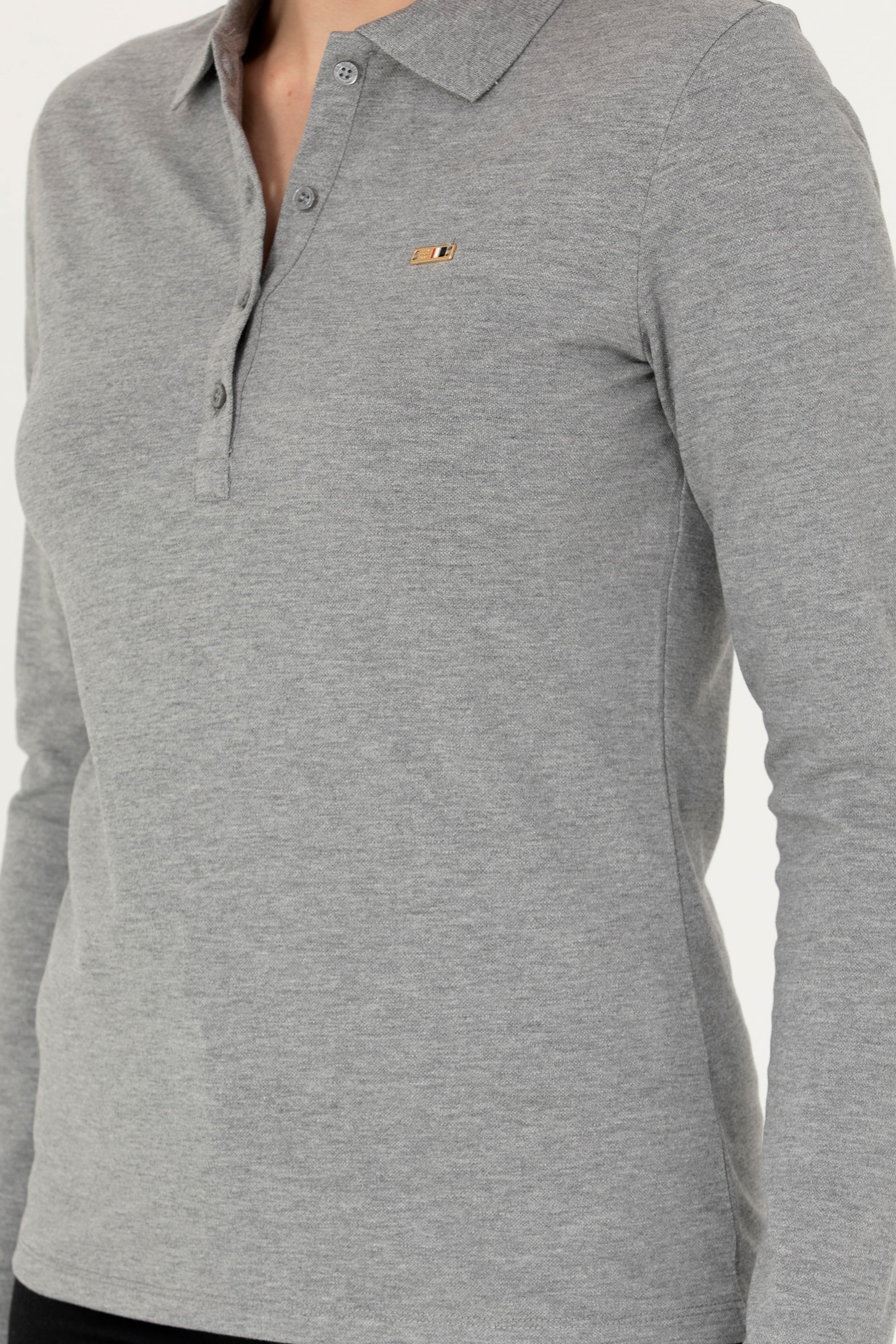 Kadın Gri Melanj Basic Polo Yaka Sweatshirt
