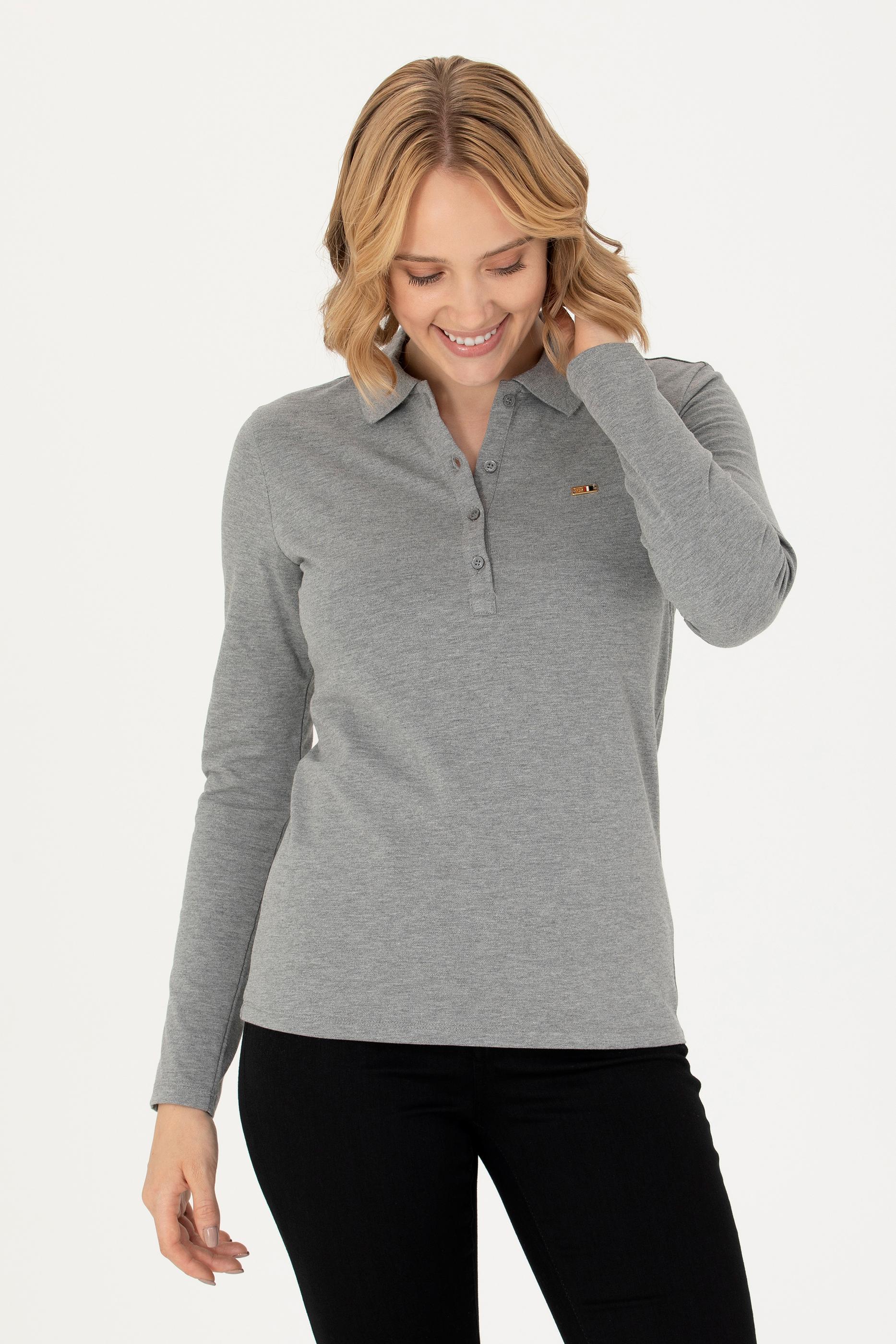 Kadın Gri Melanj Basic Polo Yaka Sweatshirt