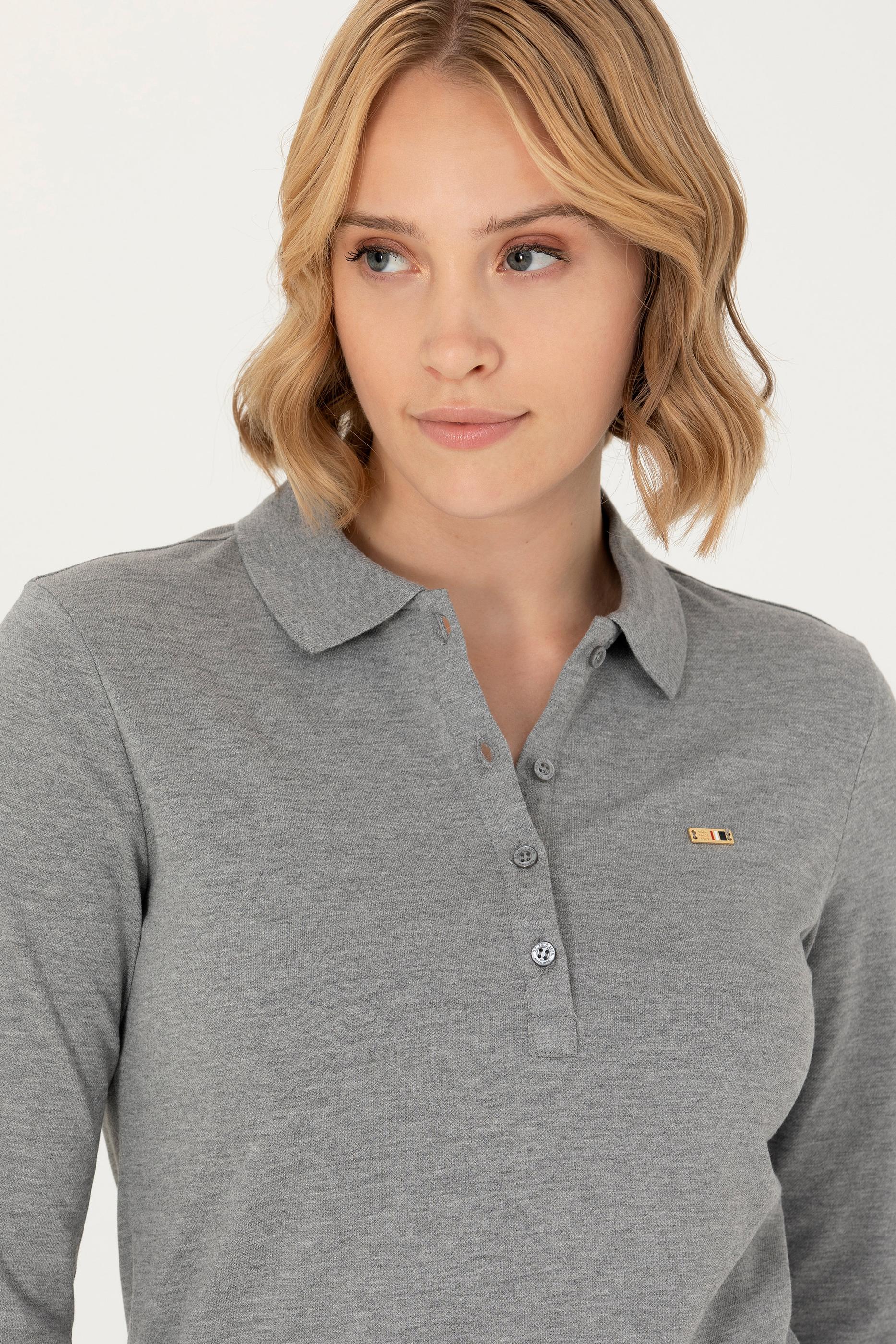 Kadın Gri Melanj Basic Polo Yaka Sweatshirt