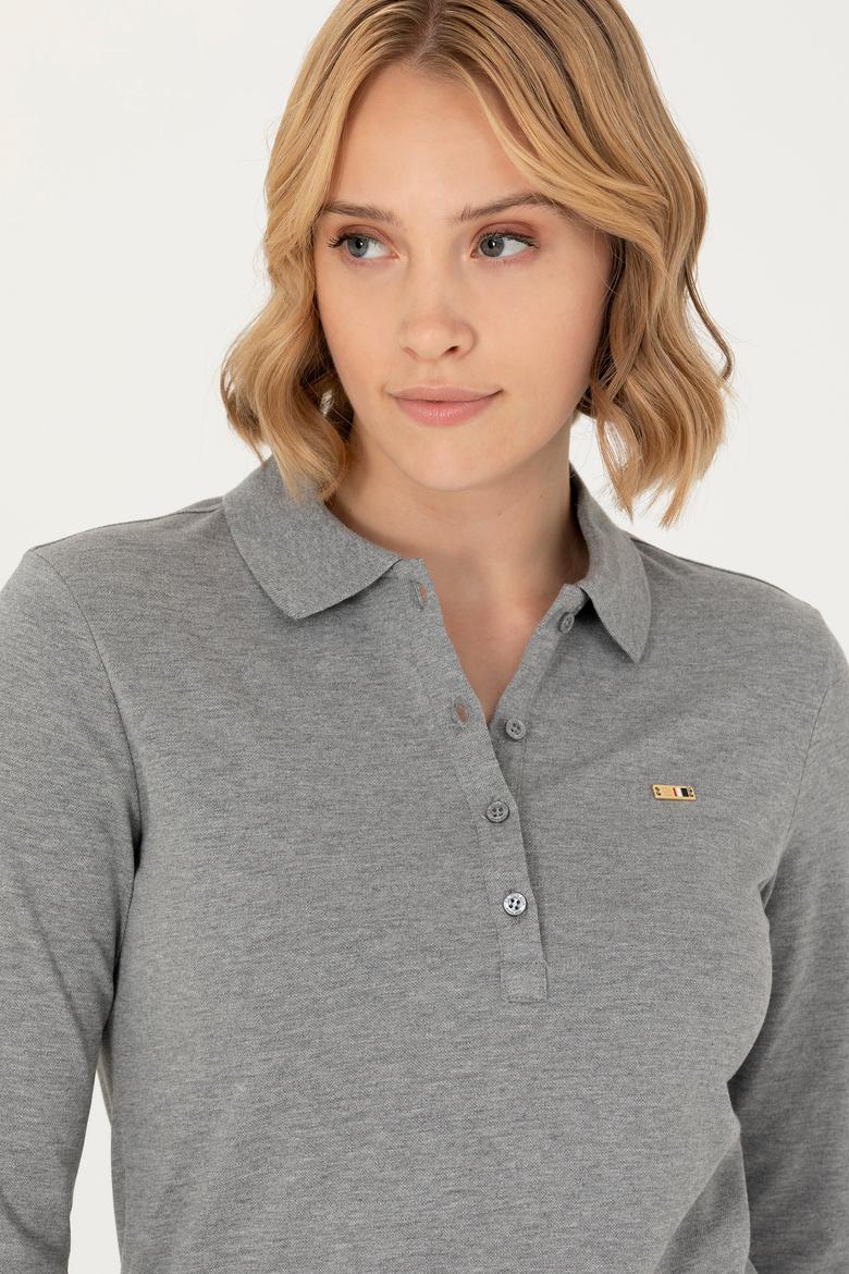 Kadın Gri Melanj Basic Polo Yaka Sweatshirt - 50276160044