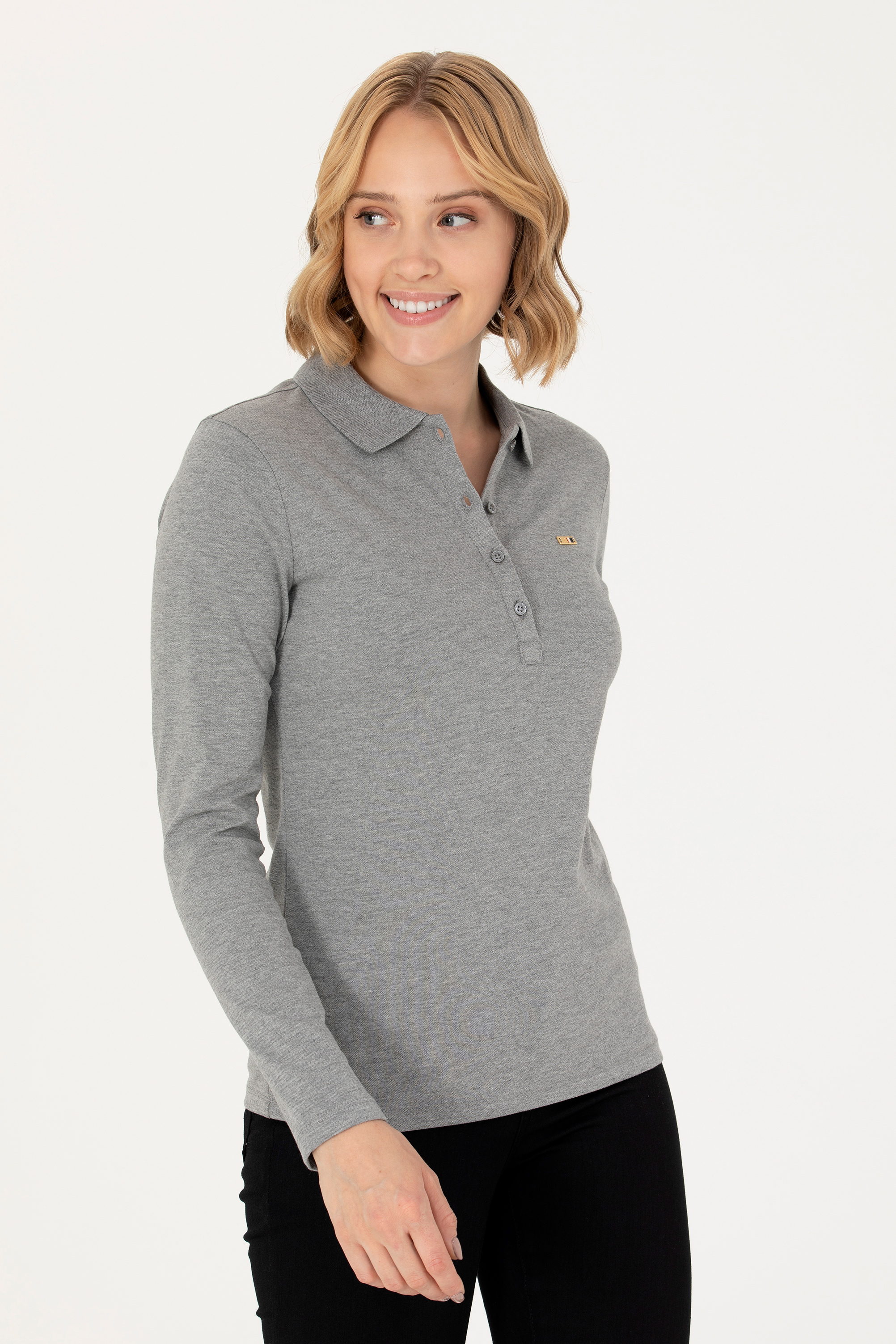 Kadın Gri Melanj Basic Polo Yaka Sweatshirt - Image 3