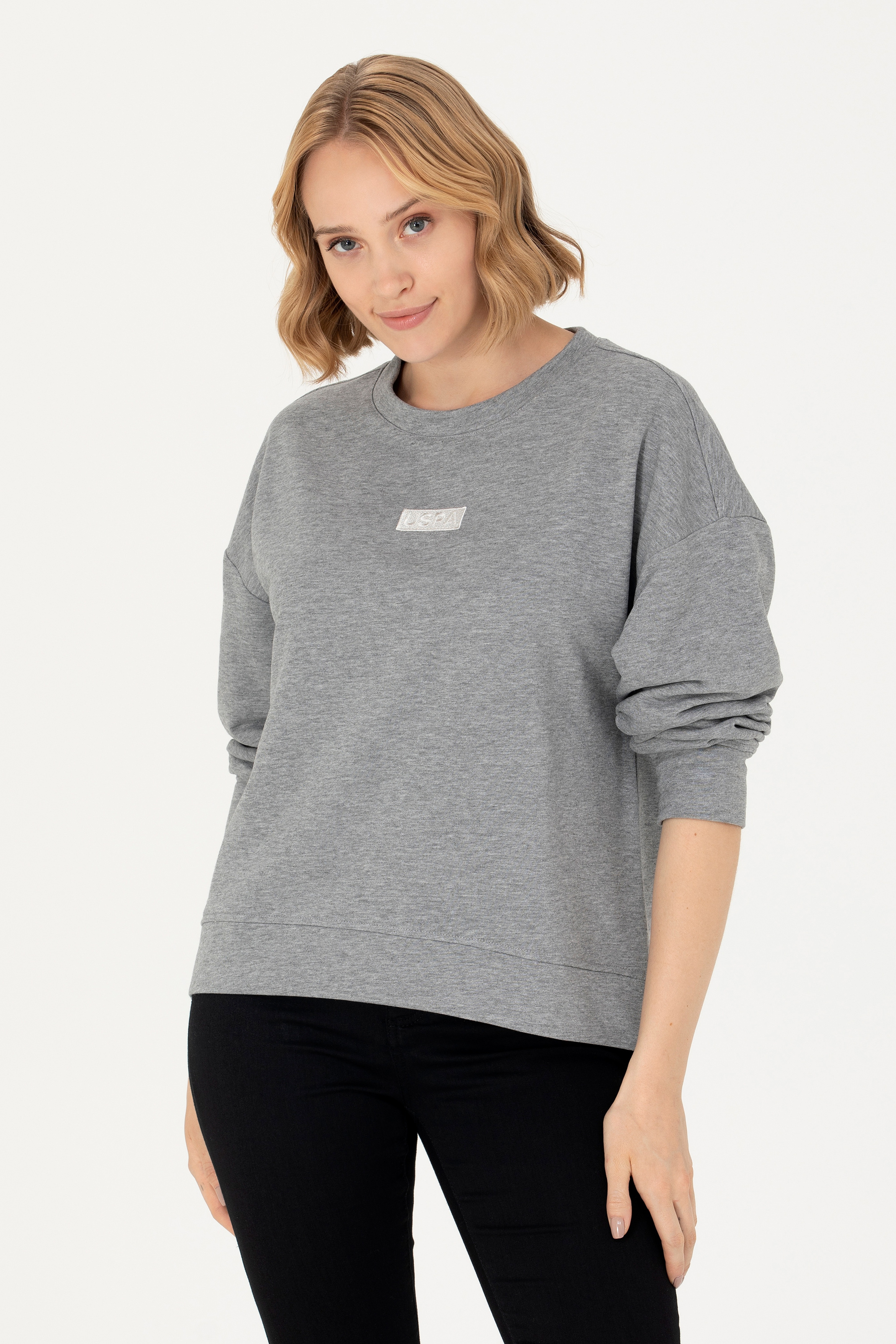 Kadın Gri Melanj Bisiklet Yaka Basic Sweatshirt - Image 3