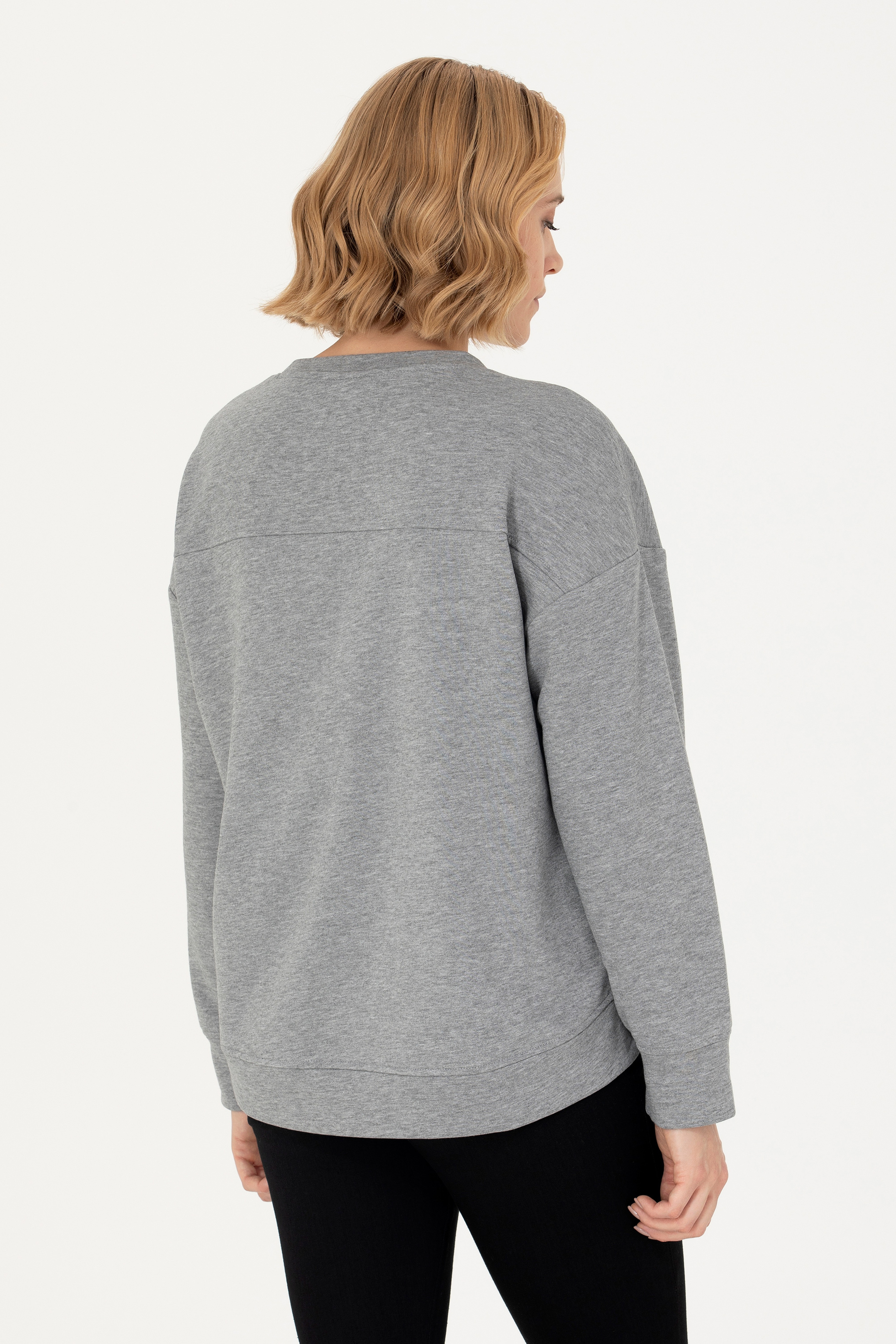 Kadın Gri Melanj Bisiklet Yaka Basic Sweatshirt