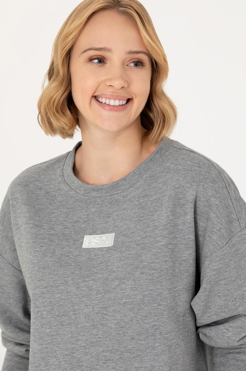 Kadın Gri Melanj Bisiklet Yaka Basic Sweatshirt