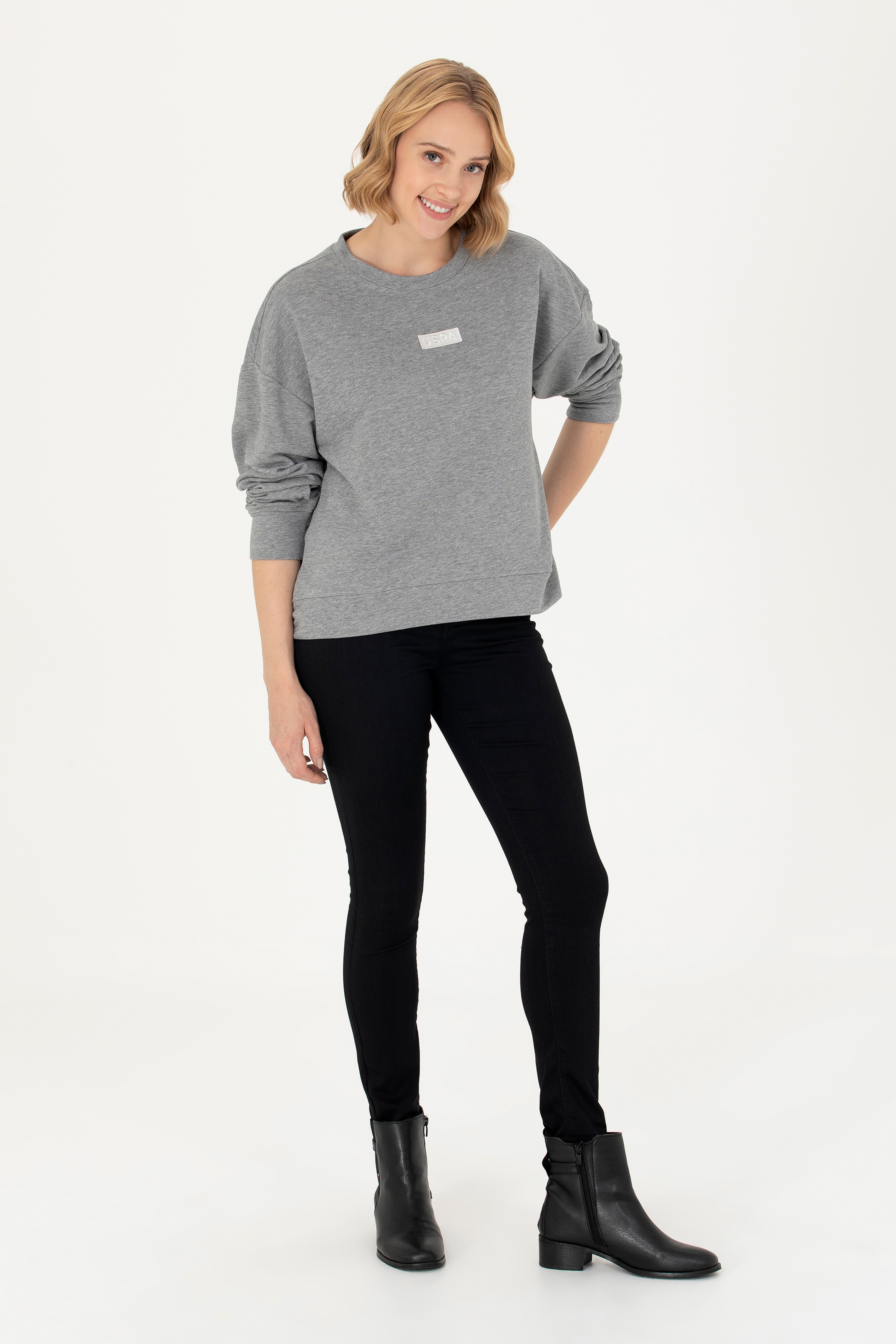 Kadın Gri Melanj Bisiklet Yaka Basic Sweatshirt