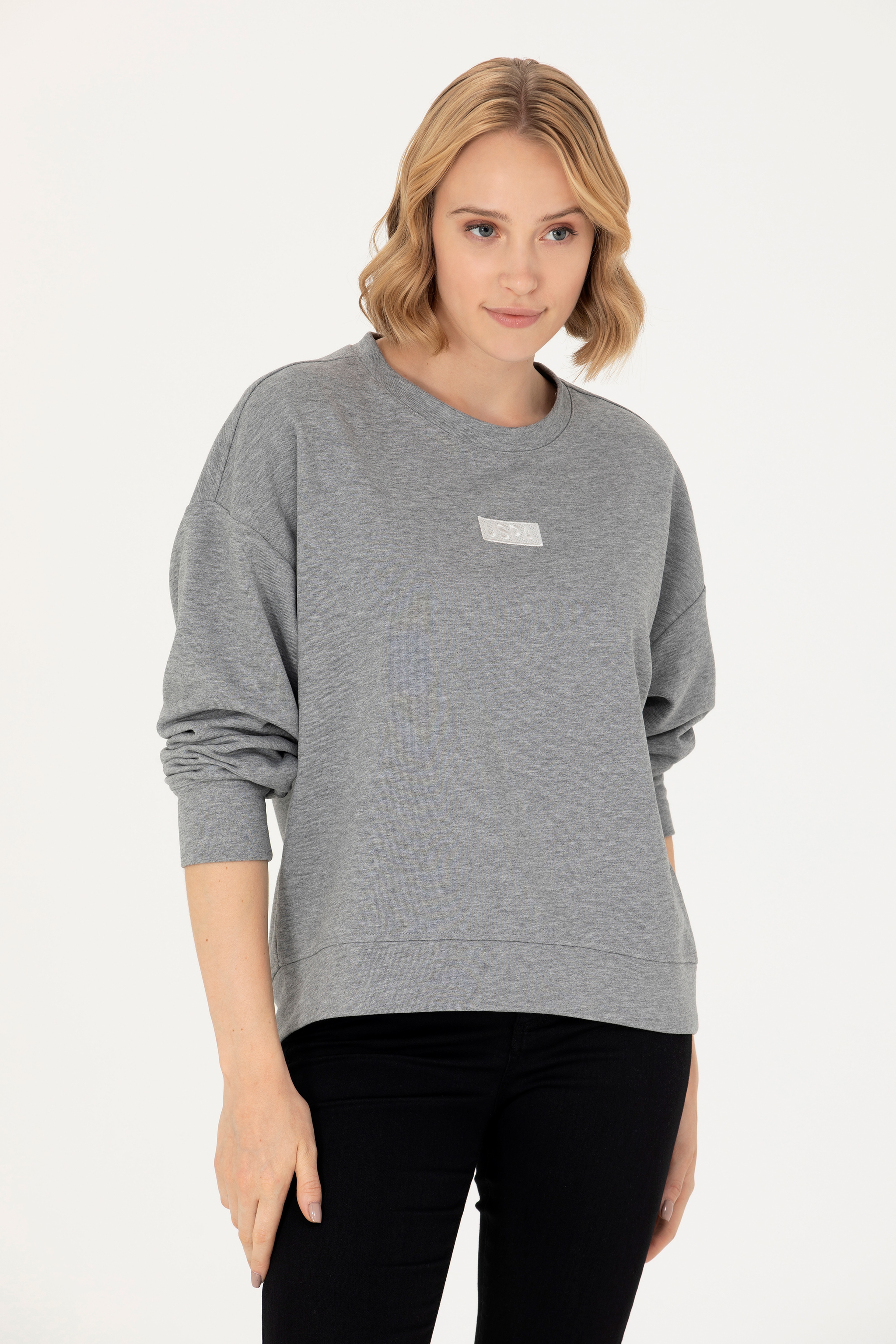 Kadın Gri Melanj Bisiklet Yaka Basic Sweatshirt - Image 1