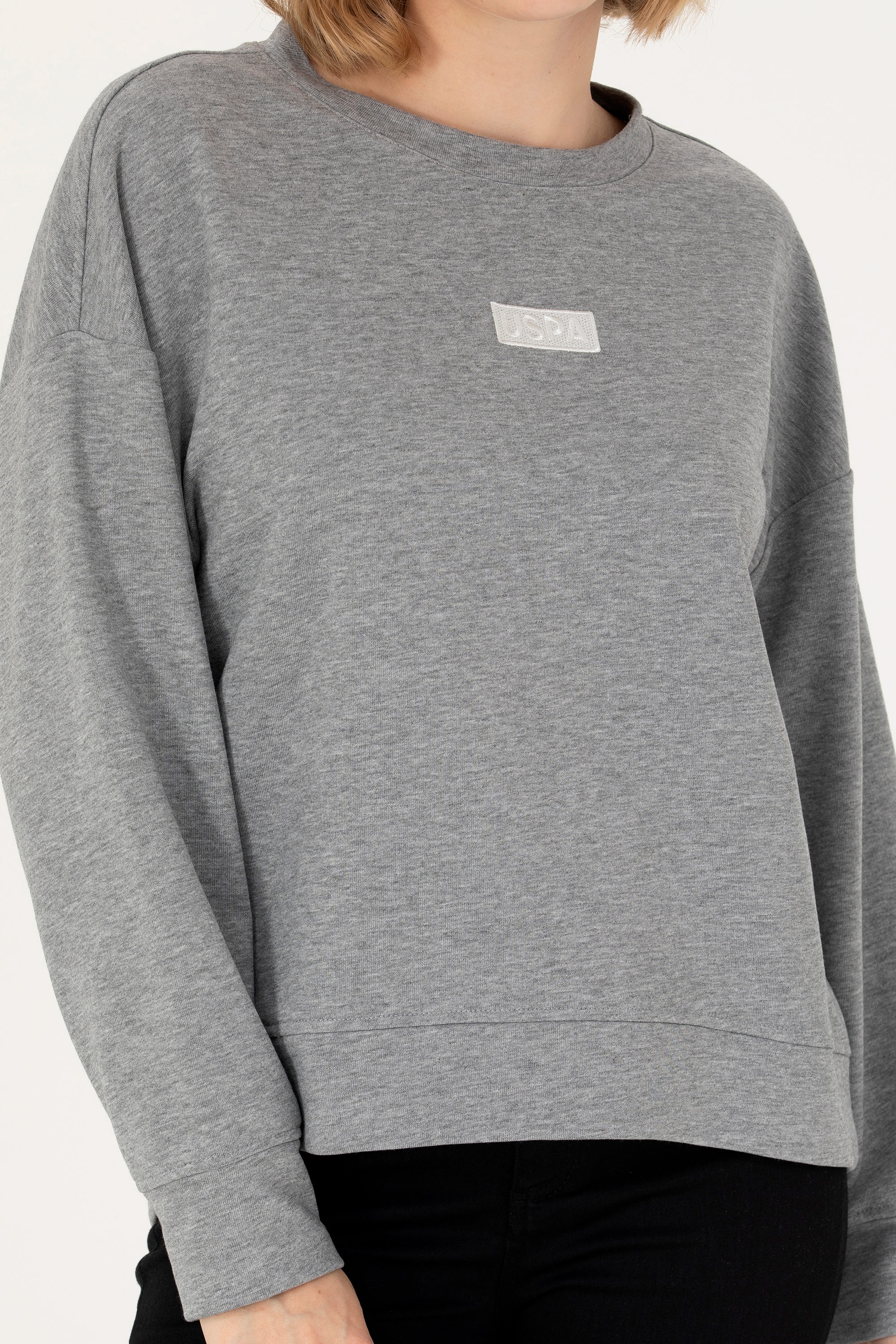 Kadın Gri Melanj Bisiklet Yaka Basic Sweatshirt - Image 6