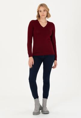 Kadın Bordo V Yaka Basic Kazak - 50276570019
