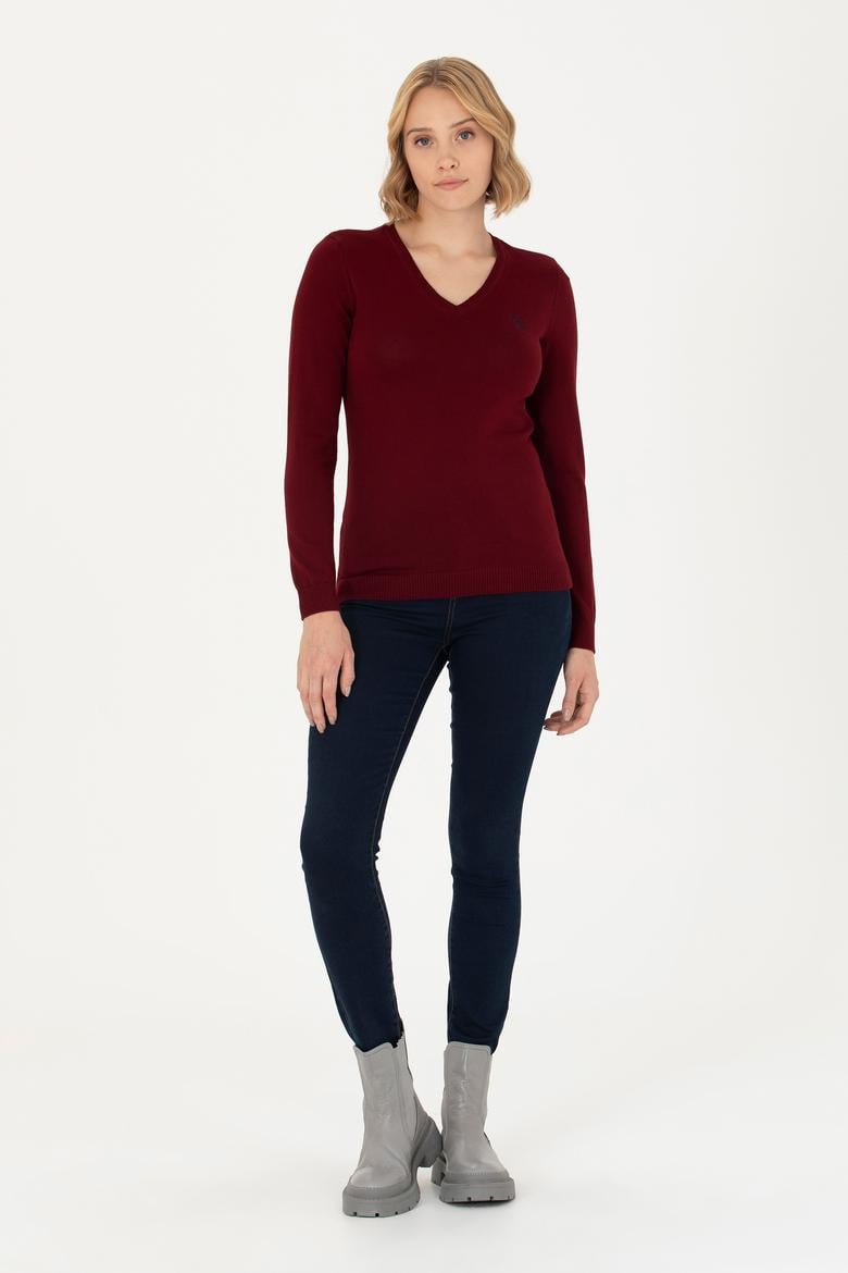 Kadın Bordo V Yaka Basic Kazak - 50276570019