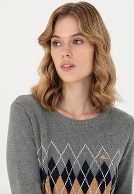 Kadın Gri Melanj Bisiklet Yaka Kazak - 50272046010