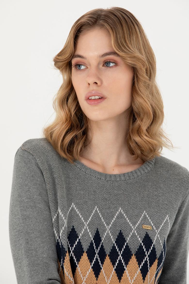 Kadın Gri Melanj Bisiklet Yaka Kazak - 50272046010