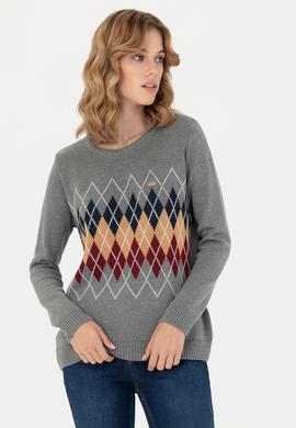 Kadın Gri Melanj Bisiklet Yaka Kazak - 50272046010