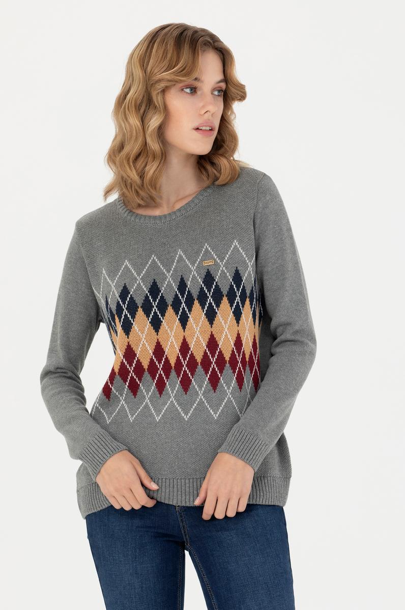 Kadın Gri Melanj Bisiklet Yaka Kazak