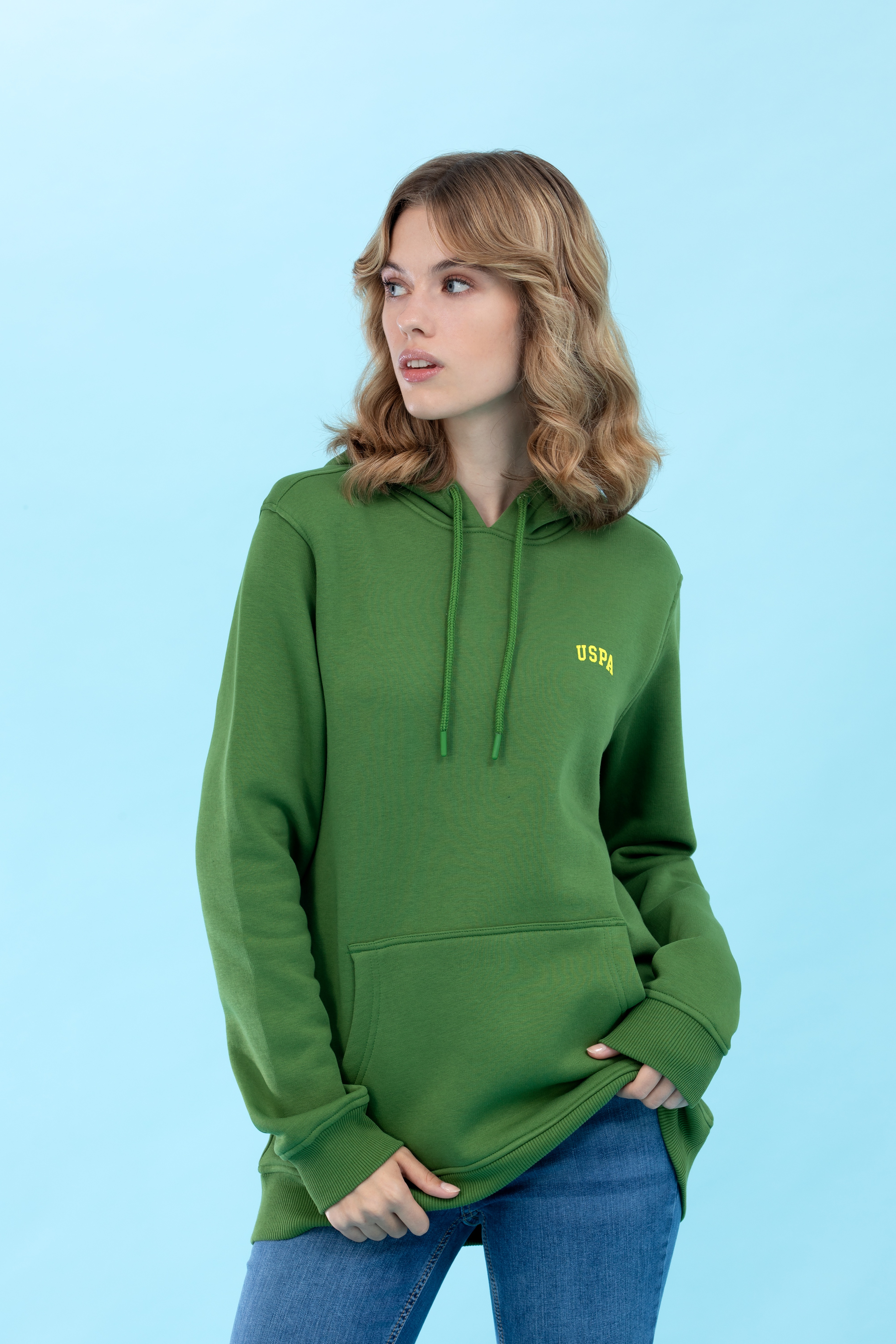 Yeşil Kapüşonlu Basic Sweatshirt