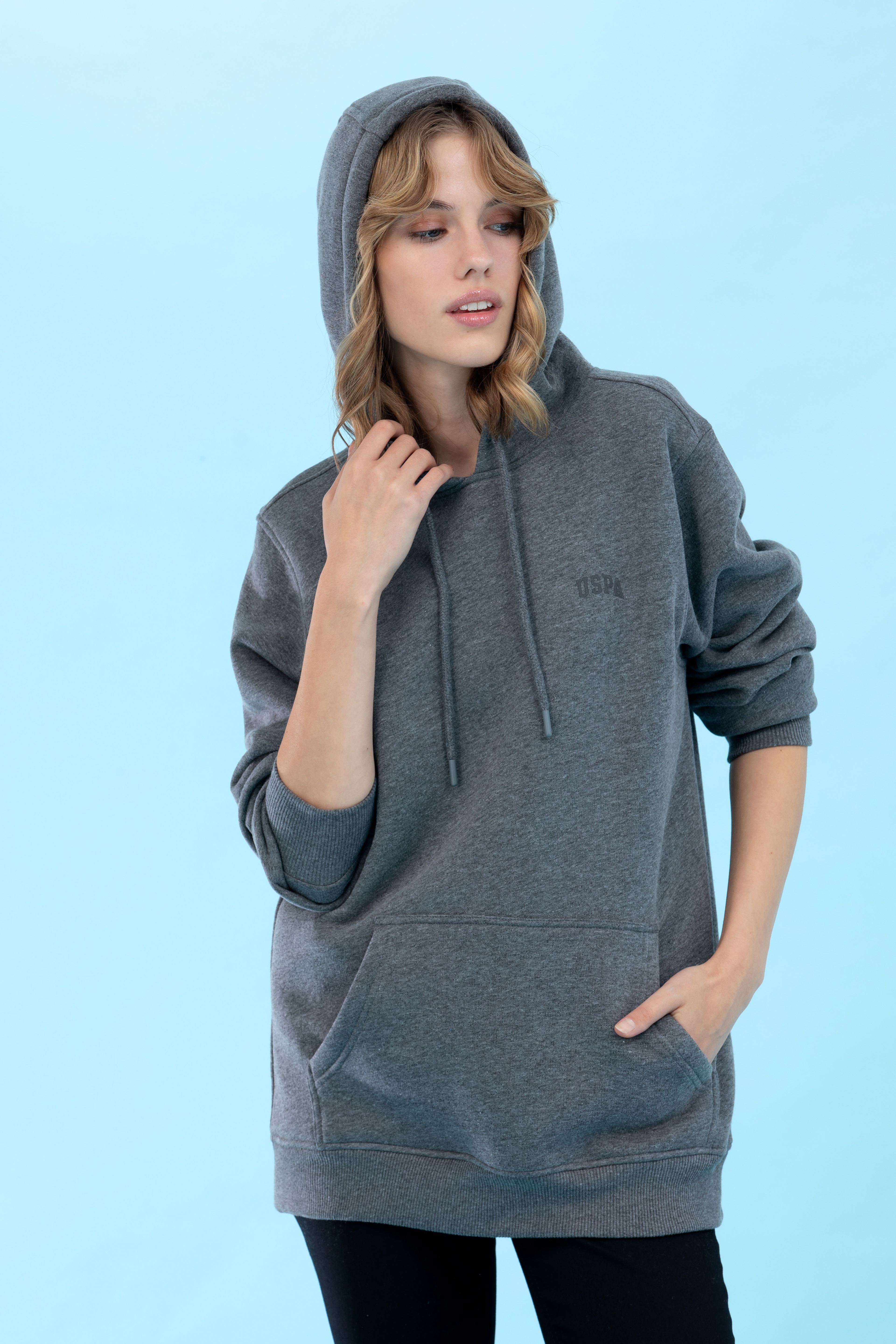 Antrasit Melanj Kapüşonlu Basic Sweatshirt