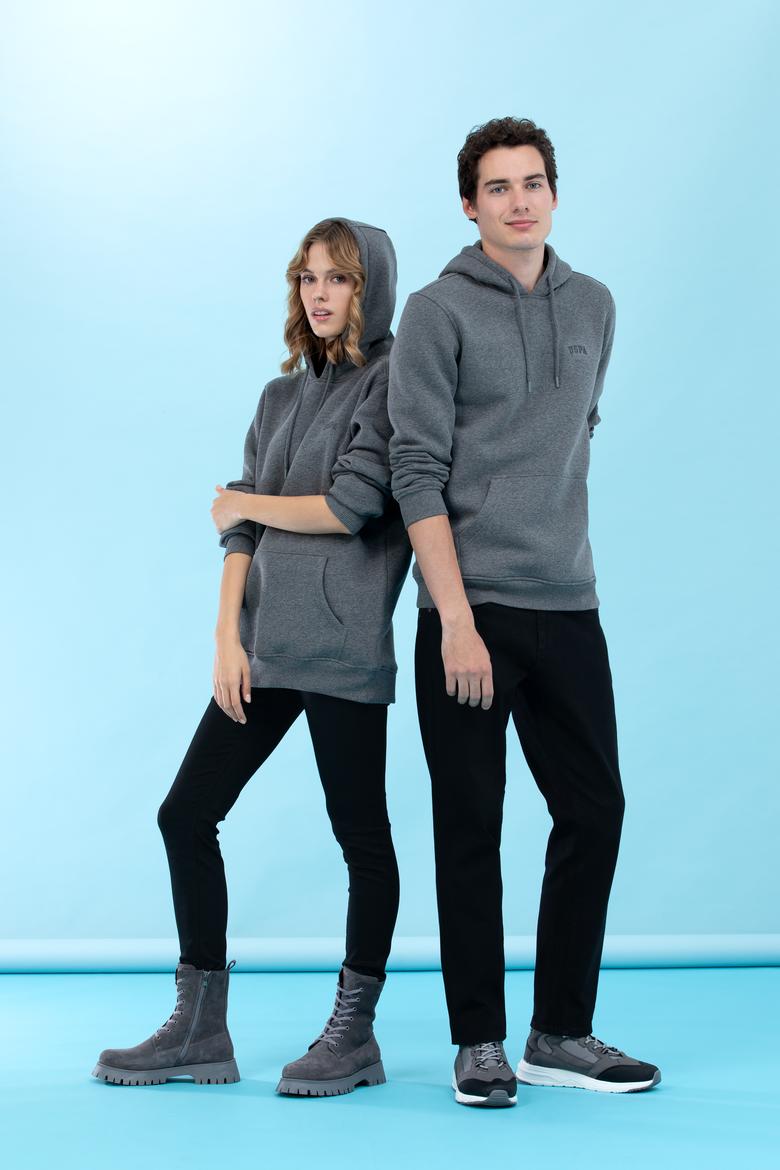 Antrasit Melanj Kapüşonlu Basic Sweatshirt