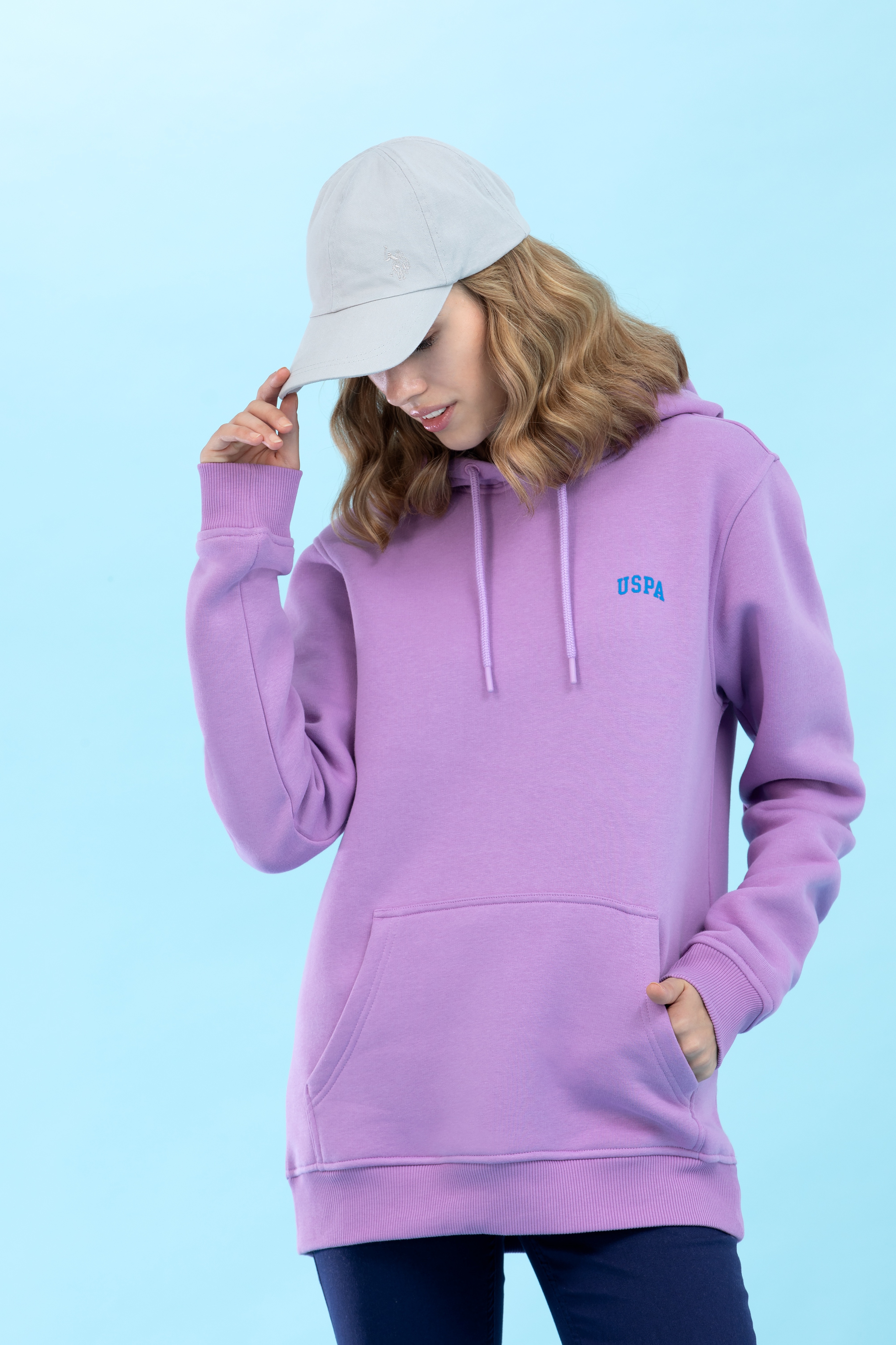 Lila Kapüşonlu Basic Sweatshirt