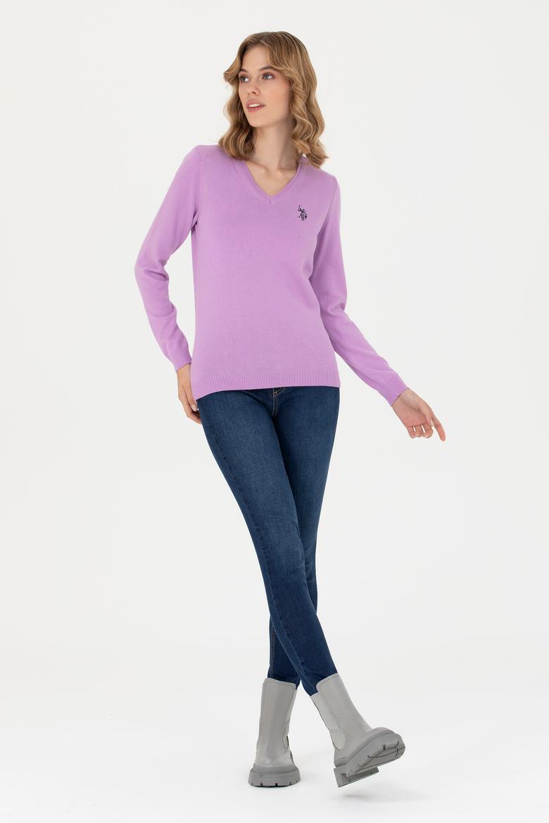 Kadın Manolya V Yaka Basic Kazak - 50276570043