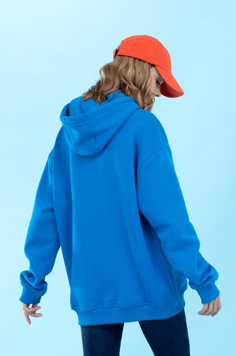 Kobalt Kapüşonlu Oversize Basic Sweatshirt