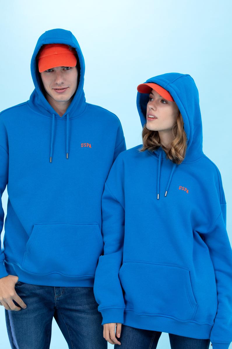 Kobalt Kapüşonlu Oversize Basic Sweatshirt