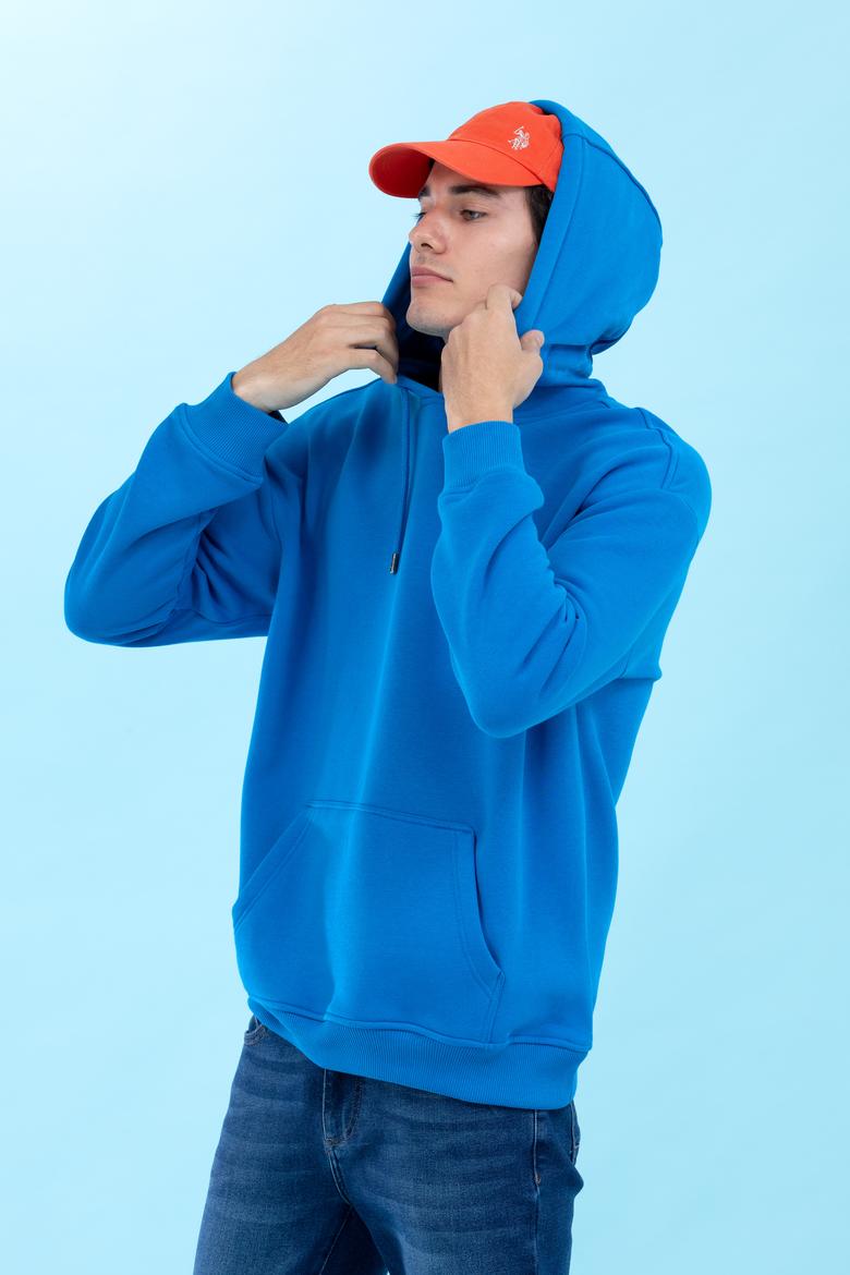 Kobalt Kapüşonlu Oversize Basic Sweatshirt - 50276088029