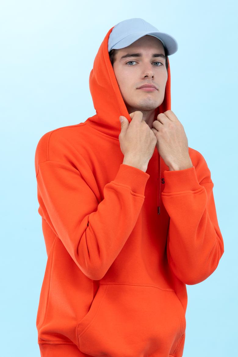 Turuncu Kapüşonlu Oversize Basic Sweatshirt - 50276088036