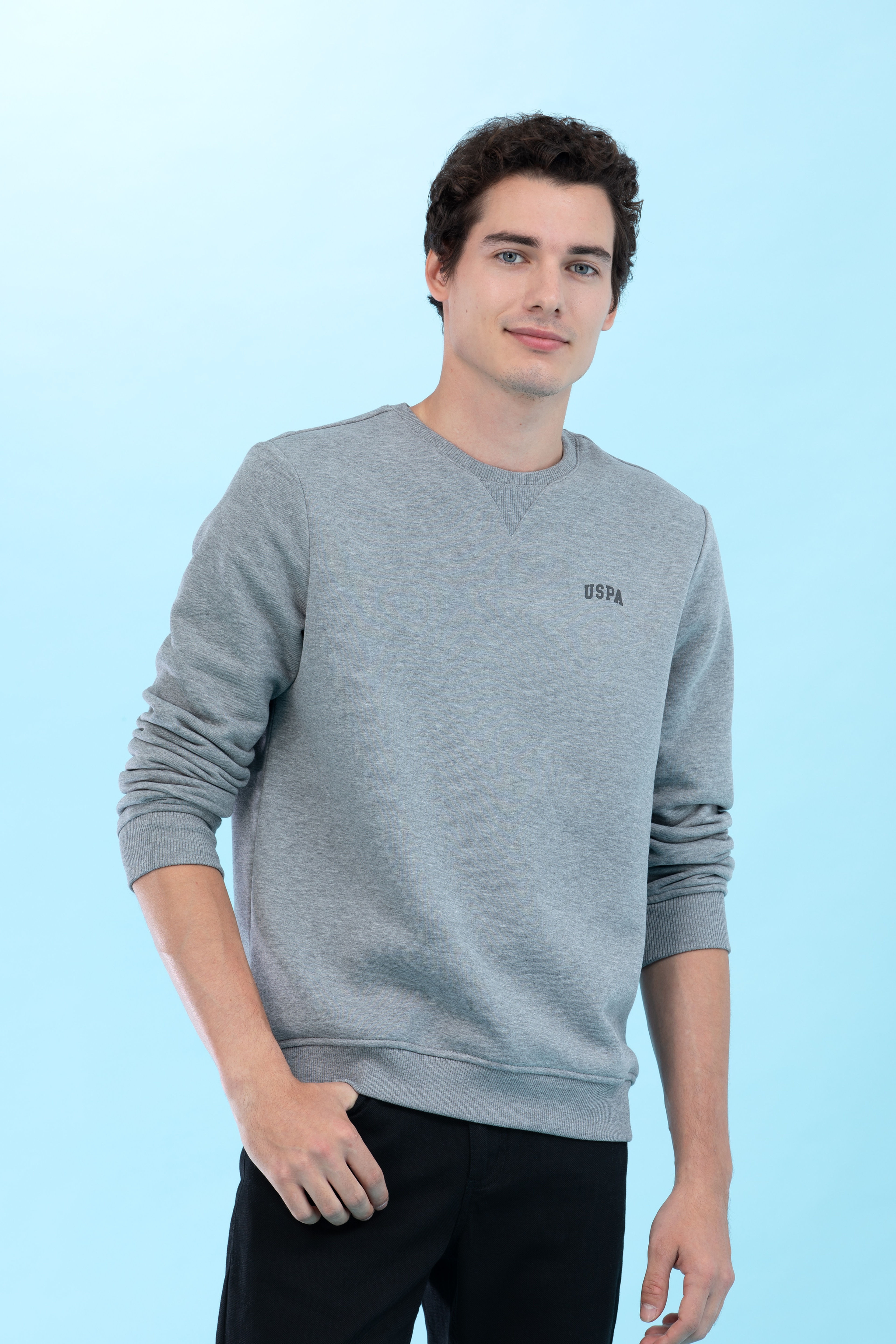 Gri Melanj Bisiklet Yaka Basic Sweatshirt