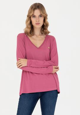Kadın Pembe V Yaka Sweatshirt - 50256286032