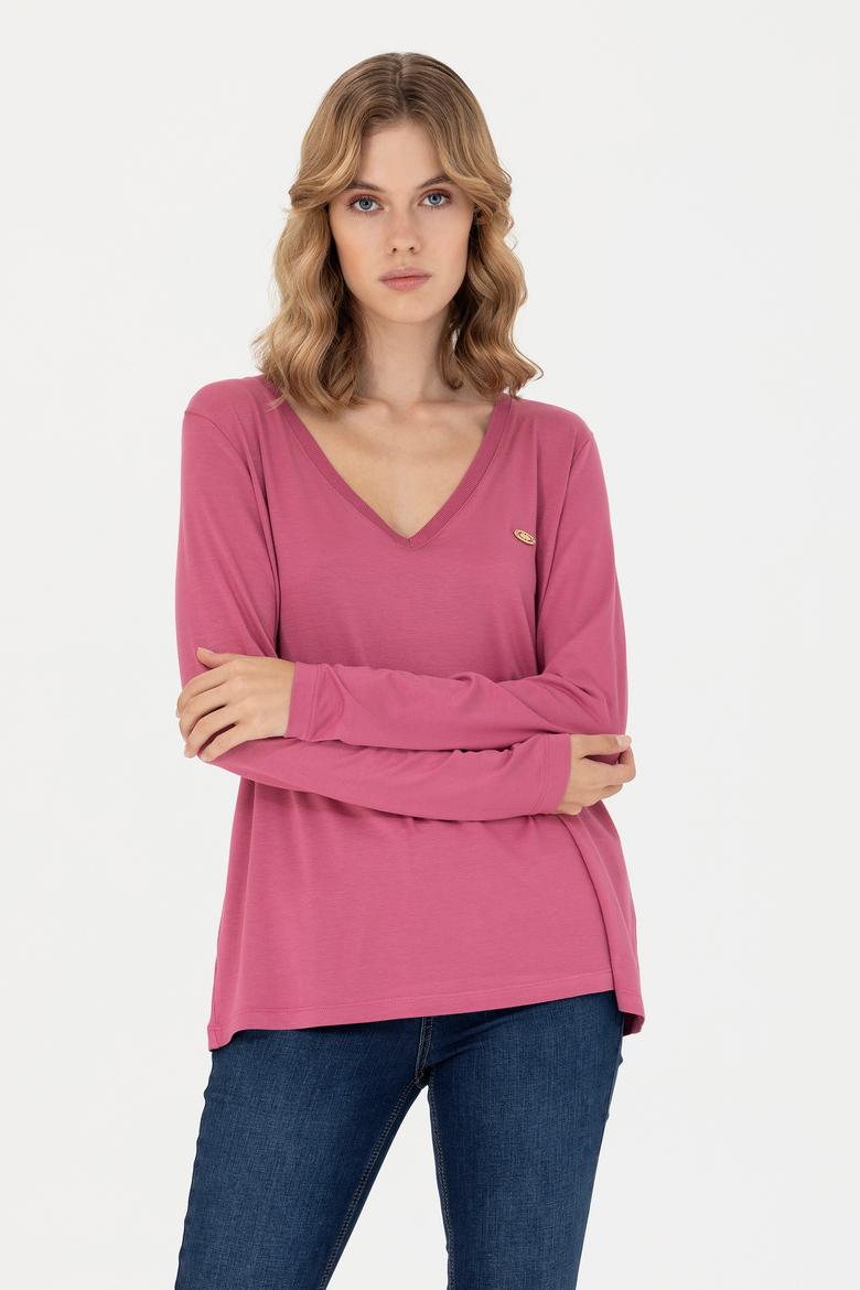 Kadın Pembe V Yaka Sweatshirt - 50256286032