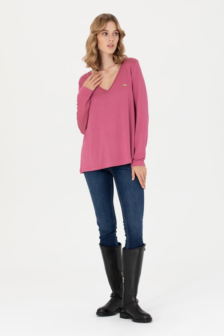 Kadın Pembe V Yaka Sweatshirt - 50256286032