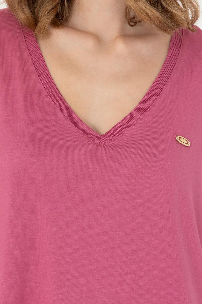 Kadın Pembe V Yaka Sweatshirt - 50256286032