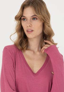 Kadın Pembe V Yaka Sweatshirt - 50256286032