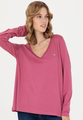 Kadın Pembe V Yaka Sweatshirt - 50256286032