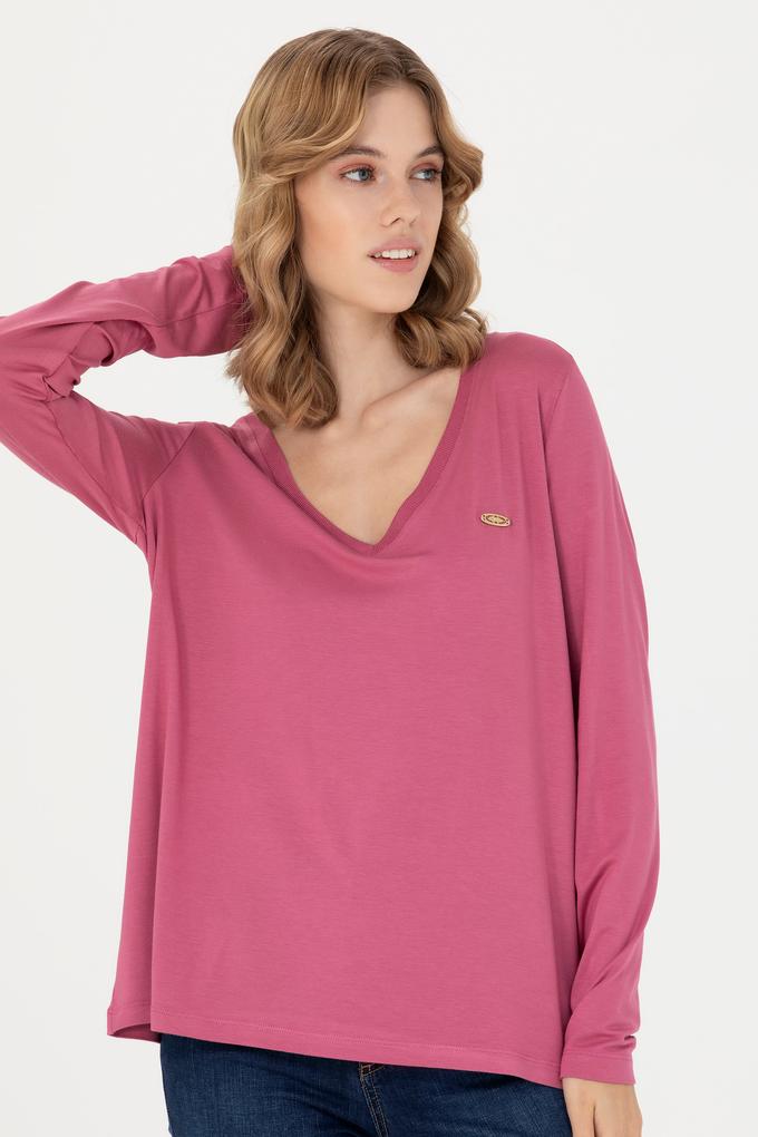 Kadın Pembe V Yaka Sweatshirt