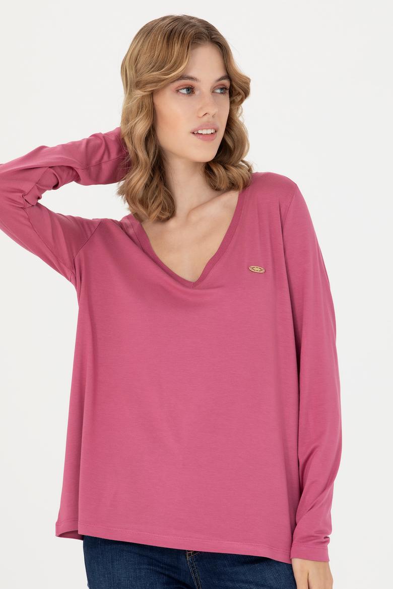 Kadın Pembe V Yaka Sweatshirt